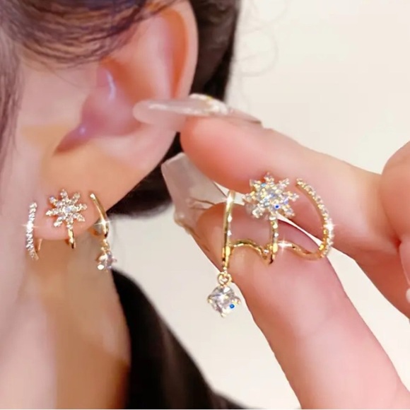 Gold and Silver Snowflake Stud Earrings with Gemstone Charm